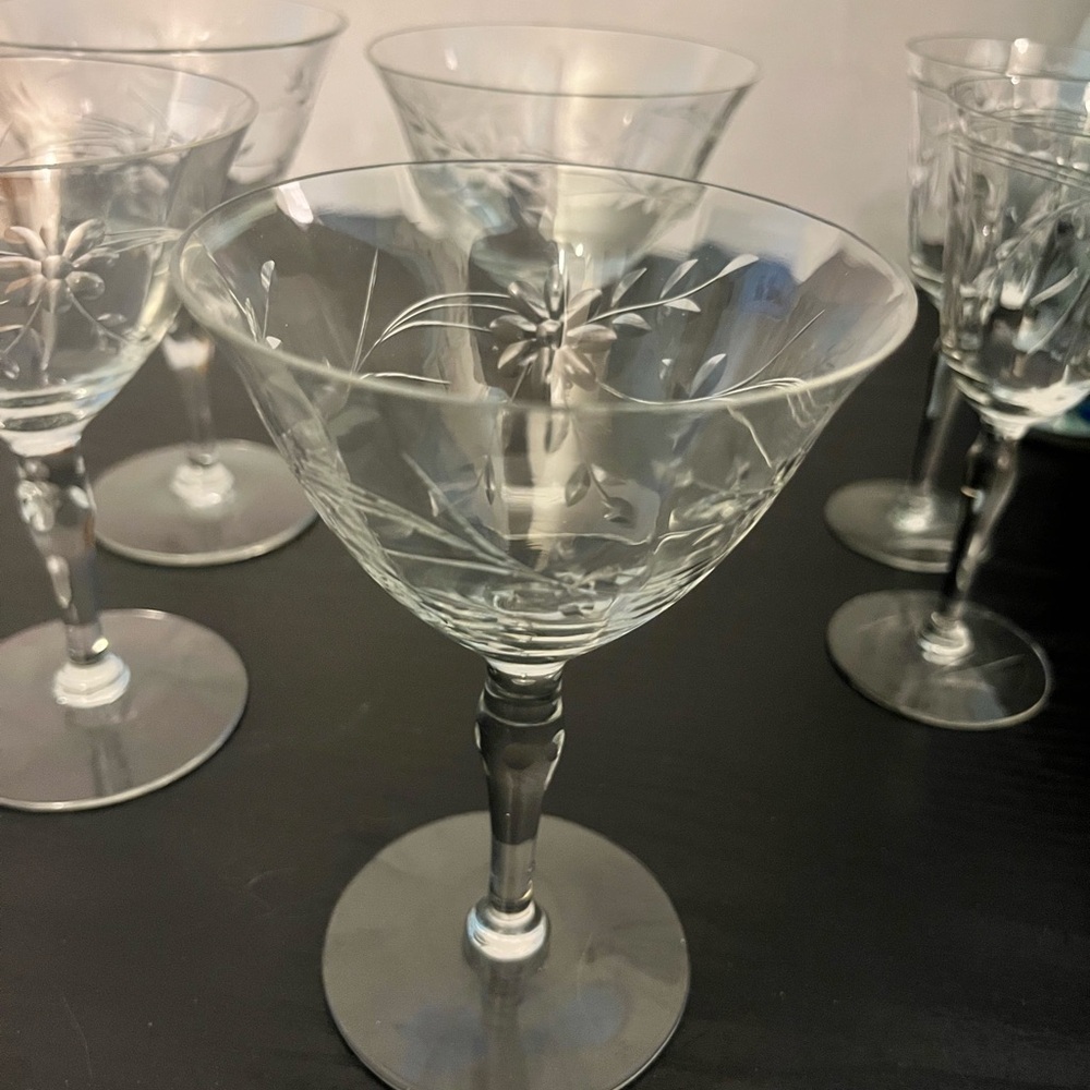 Pretty Depression Cut Crystal Fluted Cocktail Glasses Set of 4